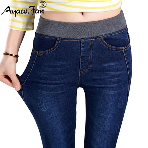 2019 Womens Jeans New Female Casual Elastic Waist Stretch Jeans Plus Size 38 Slim Denim Long