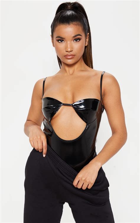 Black Vinyl Cut Out Bodysuit Tops Prettylittlething