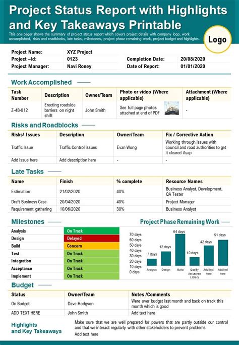 Project Status Report With Highlights And Key Takeaways Printable