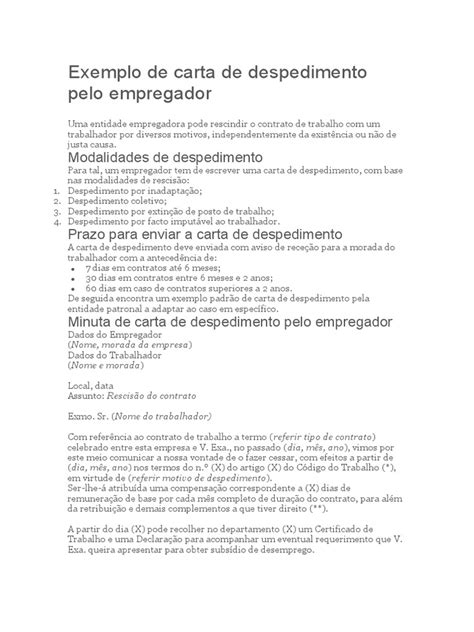 Exemplo De Carta De Despedimento Pelo Empregador Pdf