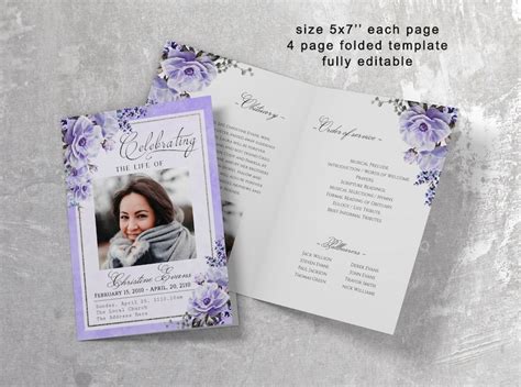 Lilac Floral Funeral Program Template Purple Editable Etsy