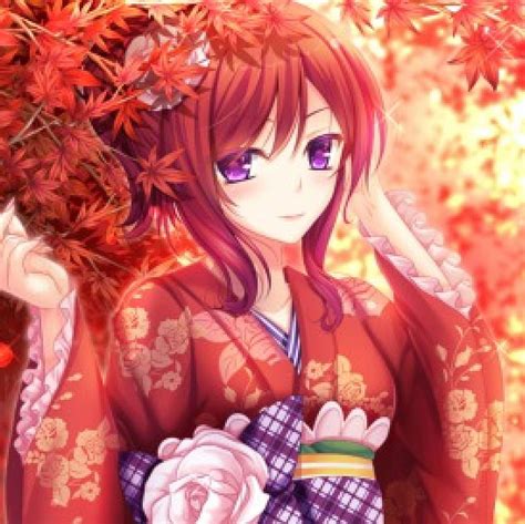 Red Kimono Pretty Autumn Redhead Bonito Sweet Leaves Nice Anime