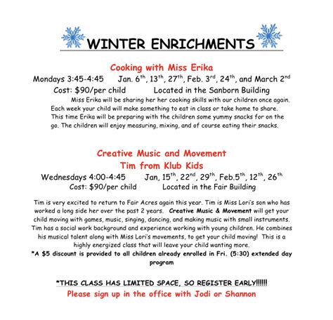 Winter Enrichments Fair Acres Country Day School And Summer Camp