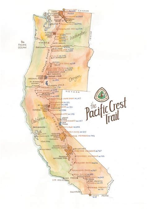 Pacific Crest Trail Map Detailed Watercolor Pct Thru Hiker T Western