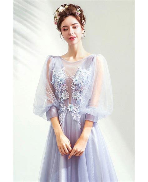 Light Purple Fairy Long Tulle Flowers Prom Dress With Bubble Sleeves