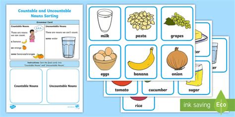 Esl Countable And Uncountable Nouns Food Sorting Card Game