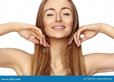 Portrait Beautiful Happy Woman She Demonstrate Her Beauty Face And