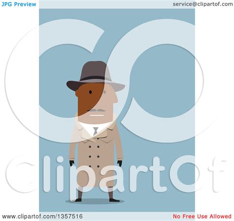 Clipart Of A Flat Design Black Male Detective On Blue Royalty Free