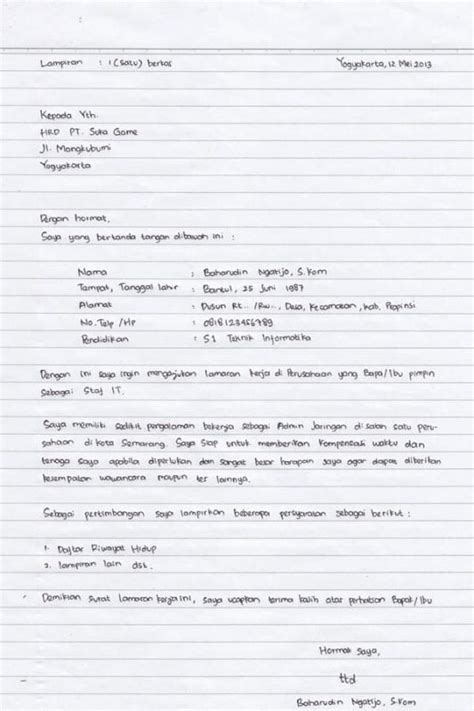 Berikut adalah beberapa contoh surat lamaran kerja tulis tangan yang bisa anda jadikan bahan demikian surat lamaran ini saya buat, atas perhatian dan kesempatan yang diberikan, saya kesimpulan dan pentingnya surat lamaran kerja tulis tangan. 23 Contoh Surat Lamaran Kerja Terbaru yang Baik dan Benar