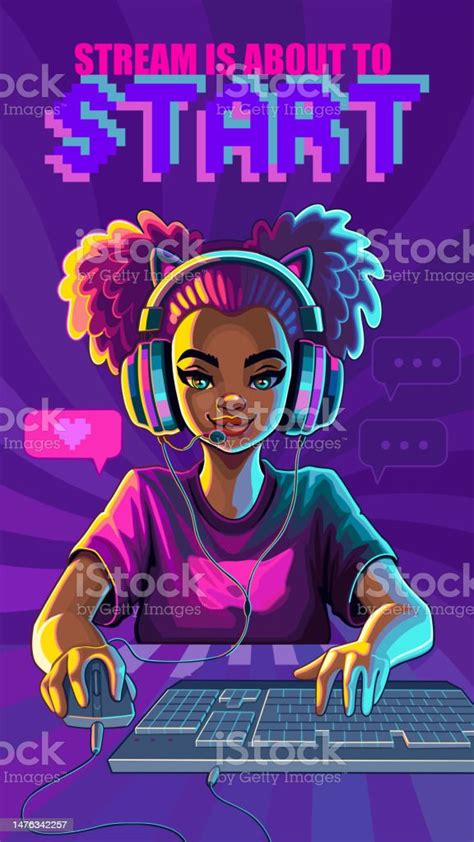 African Girl Gamer Or Streamer With Cat Ears Headset Sits In Front Of A