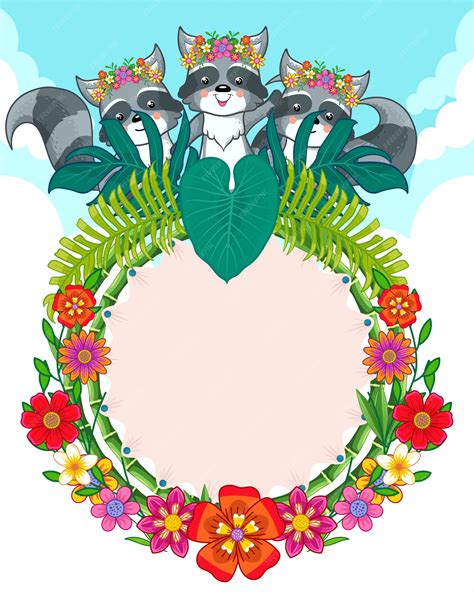 Premium Vector Greeting Card Of Cute Raccoons And Flowers
