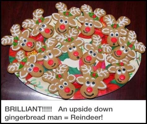 A little icing transforms your gingerbread man's head into a reindeer's nose, his feet into furry ears, and his legs into antlers. Love this idea!!! An upside down gingerbread man made into a reindeer!!! | Christmas treats ...