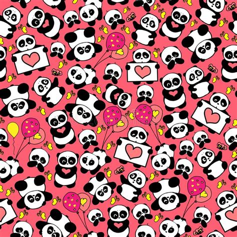 Cute And Funny Hand Drawn Pandas With Hearts Design Seamless Pattern