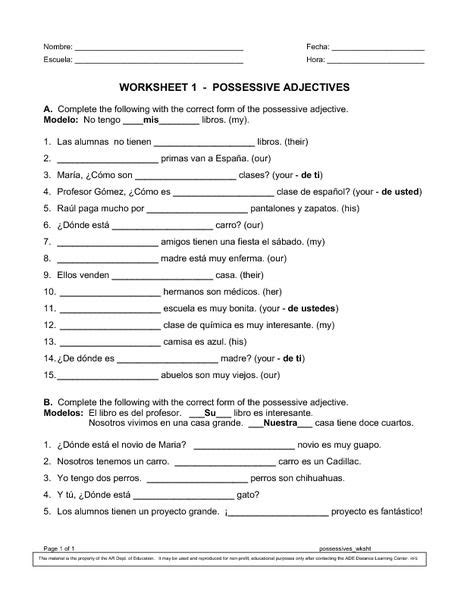 Demonstrative Adjectives Worksheet Spanish Free Printable Adjectives