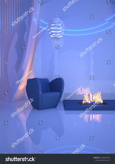 Futuristic Interior Design Living Room Fireplace Stock Illustration