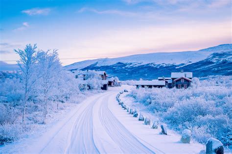 Norway Winter Roads Houses Sky Snow Nature