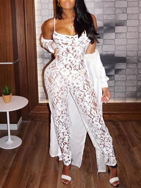 Solid See Through Lace Spaghetti Strap Jumpsuit Lace Jumpsuit White