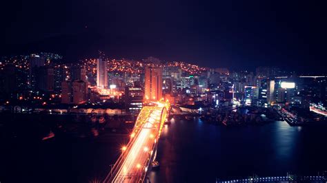 Download Wallpaper 2560x1440 Night City Aerial View Buildings Bridge