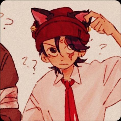 An Anime Character Wearing A Red Tie And A Cats Head In The Background