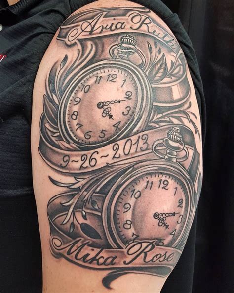 Ideas clock tattoo with name and date of birth. I tattooed these pocket watches for Tim today. They are ...