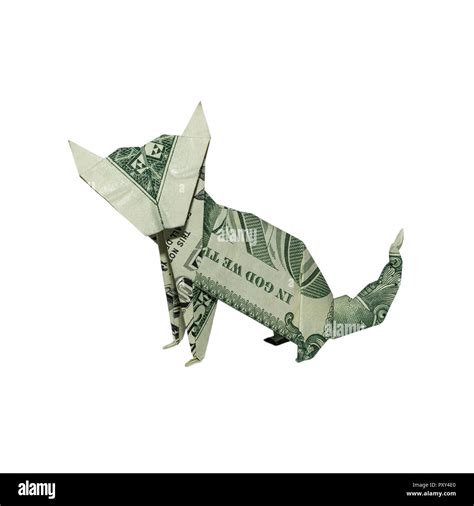 Money Origami Sitting Cat Folded With Real One Dollar Bill Isolated On