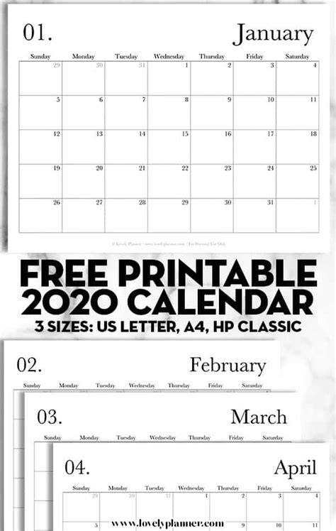 Free Printable 2020 Monthly Calendar Classic Lovely Planner