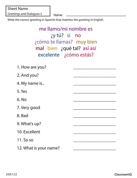 Spanish Worksheets For 1st Graders
