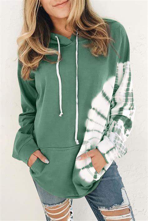 us 16 02 women s green oversized pocket front print sweatshirt drawstring hoodie wholesale