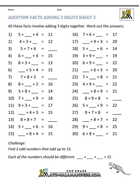 Math Facts Worksheet 2nd Grade