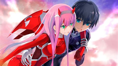Darling In The Franxx Green Eyes Zero Two And Blue Eyes Hiro With Background Of Cloudy Sky Hd