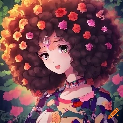 Anime Girl With A Big Afro In Flower Costume