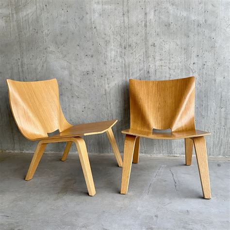 Pair Of Vintage Plywood Oak Low Easy Chairs Italy 1990s 234606