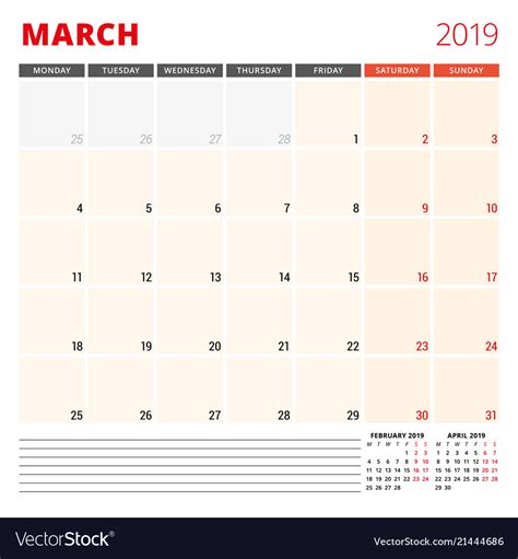 Calendar Planner Template For March 2019 Week Vector Image