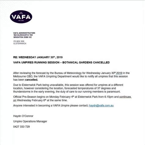 Pre Season Training Cancelled Wednesday 30th Jan Vafa Umpires