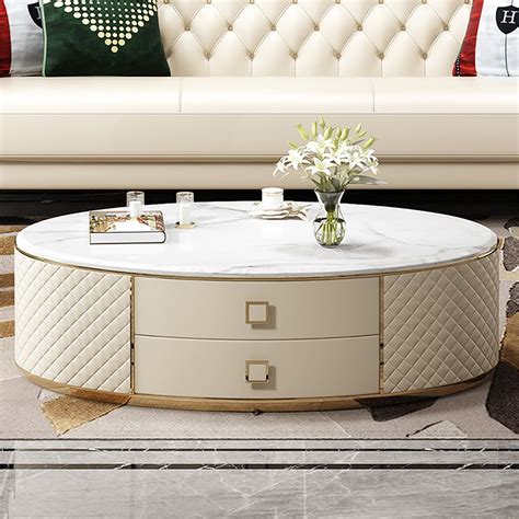White Oval Marble Top Coffee Table With 2 Drawers
