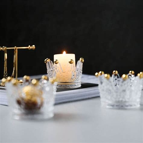 customized popular crown shape glass candle holder for home decor wedding glass candle jar