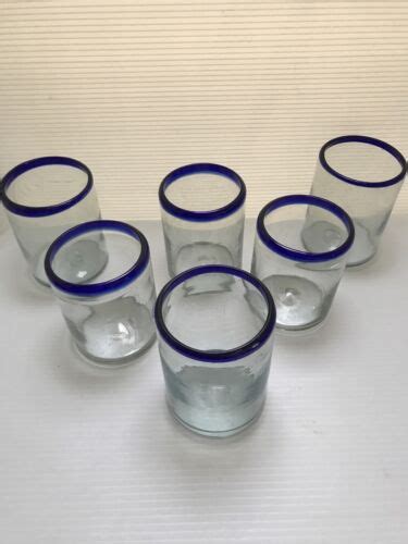 Hand Blown Mexican Drinking Glasses Set Of 6 Juice Glasses With Cobalt Blue 732169838469 Ebay