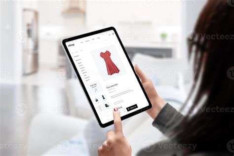 Woman Buys A Dress Online With Tablet Concept Modern E Commerce