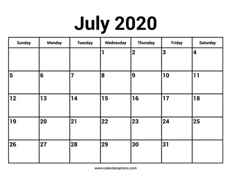Free printable february 2021 calendar. July 2020 Calendars - Calendar Options