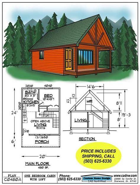Drawing C0480a 480 Sf 20 By 24 Cabin With Sleeping Loft 811 Can