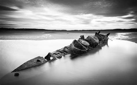 Grayscale Photo Of Shipwreck Nature Landscape Water Sea Hd