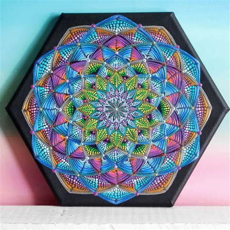 Mandala Painting Hexagon Canvas Wildflower Sacred Geometry