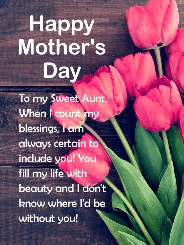 Dear aunt, wishing you a warm and happy mother's day. To my Sweet Aunt - Happy Mother's Day Card | Birthday ...