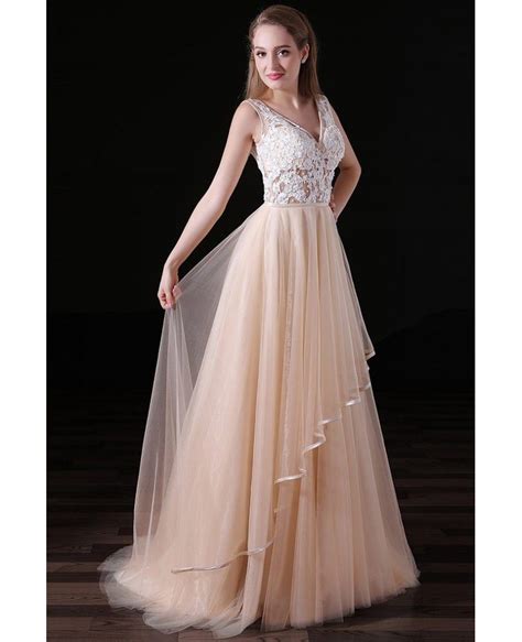 A Line V Neck Sweep Train Tulle Prom Dress With Lace A014 108 99