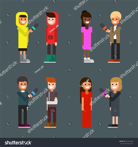 Collection Male Female News Reporters Interviewing Stock Vector