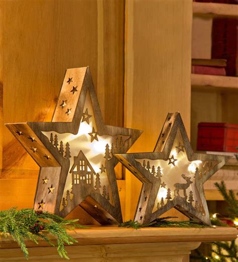 Large Lighted Wooden Stars With Laser Cut Cabin Design Plow And Hearth
