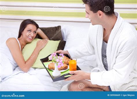 Man Bringing Breakfast In Bed Stock Image Image Of Morning People