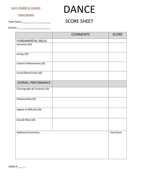 Printable Dance Audition Score Sheet Template Printable Templates