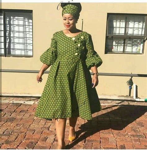 Green Puff Sleeves Vintage Shweshwe Dresses African Traditional Wear African Dress