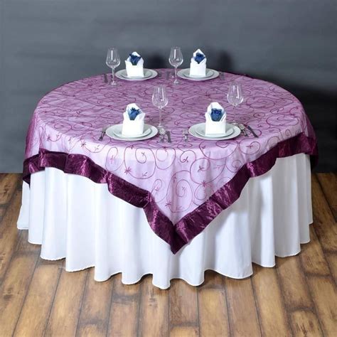 X Eggplant Satin Edge Embroidered Sheer Organza Square Table Overlay Burgundy Decor